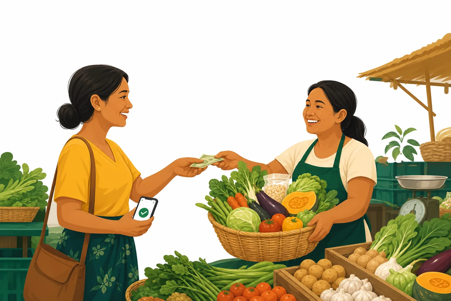 A woman at a market stall handing cash to a vendor for a basket of vegetables, moments after receiving a payout