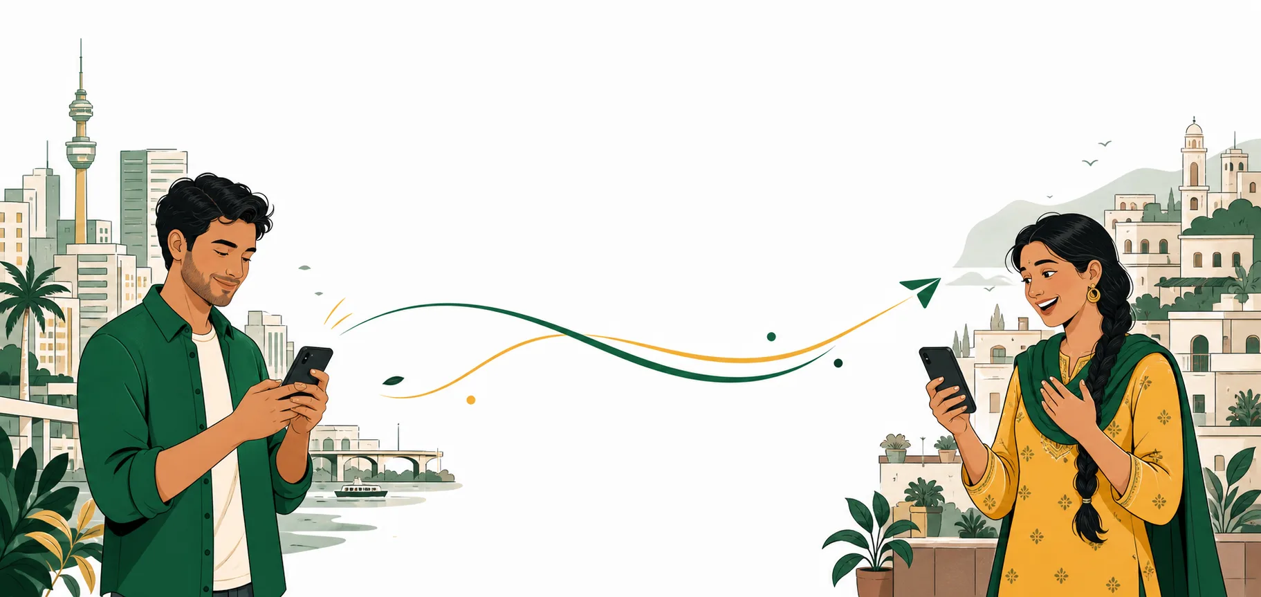 A sender in a city skyline and a recipient in a mountain town, connected by a flowing green-and-gold transfer path